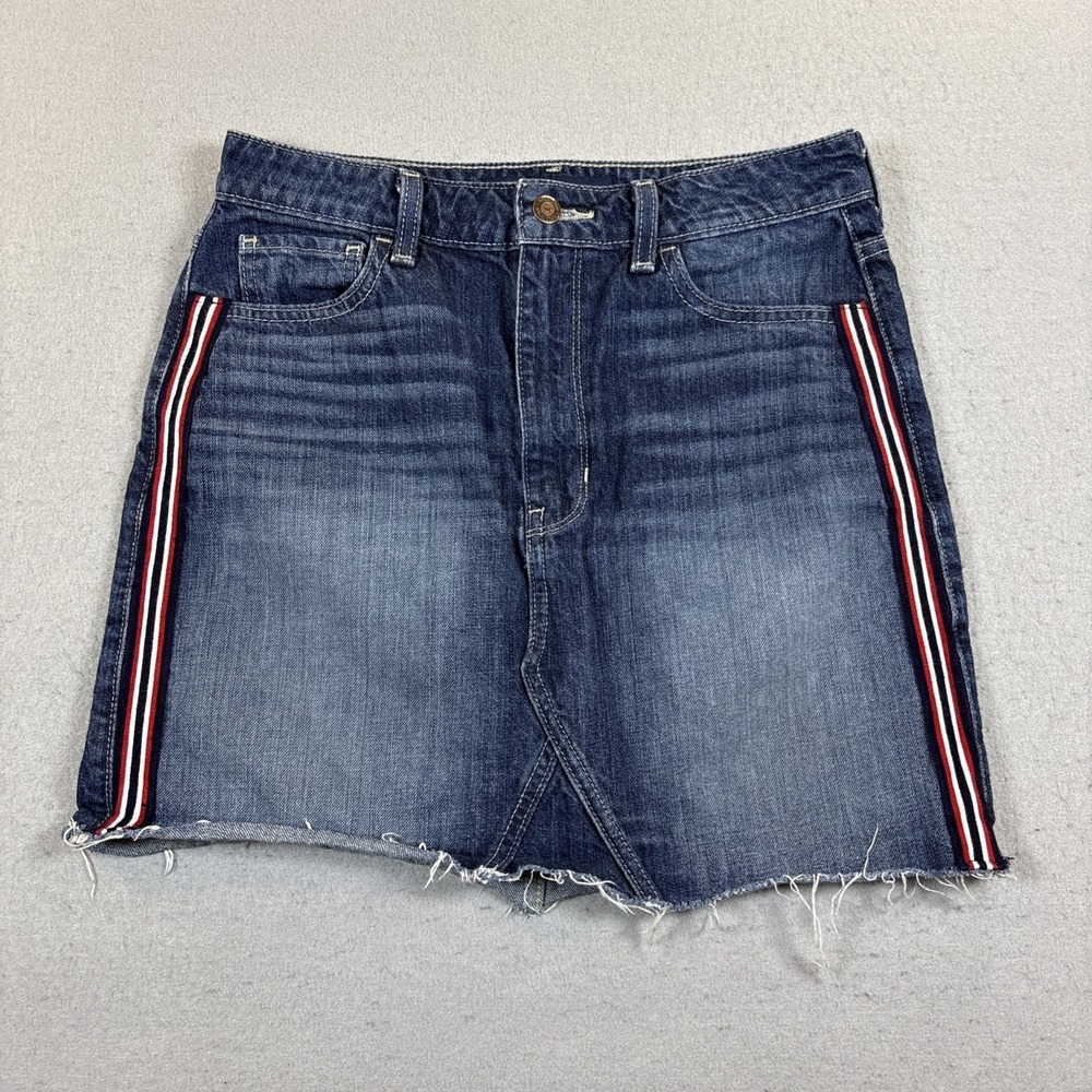 Hollister Ultra High-Rise Skirt Denim‎ 100% Cotton Side Stripes Raw Hem Size 8